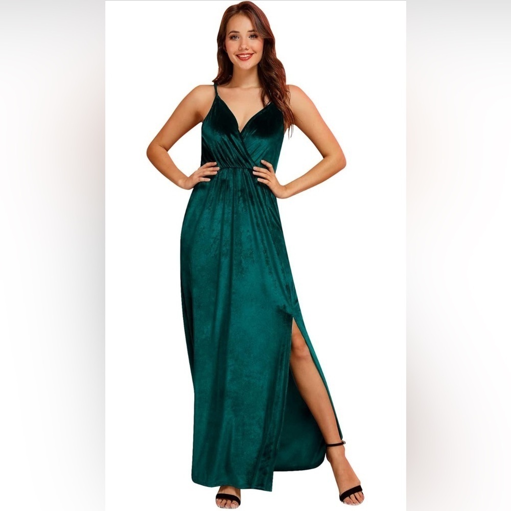 NEW- Womens V Neck Spaghetti Strap Side Split Velvet Maxi Dress - Picture 4 of 10